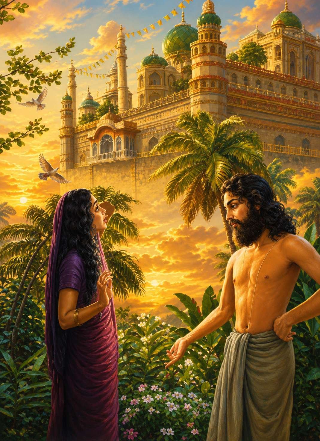 The image depicts a beautifully detailed scene of an ornate, Islamic-style mosque with a minaret, under a colorful sunset sky, with a woman in traditional attire and a man dressed in traditional clothing standing beside her.
AI-generated content may be incorrect.