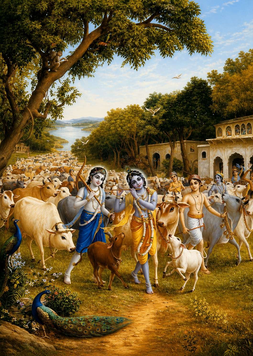 The image depicts a colorful scene from Hindu mythology, showing Lord Krishna riding a horse and leading a herd of cows, surrounded by a crowd of people and trees under a clear blue sky.
AI-generated content may be incorrect.