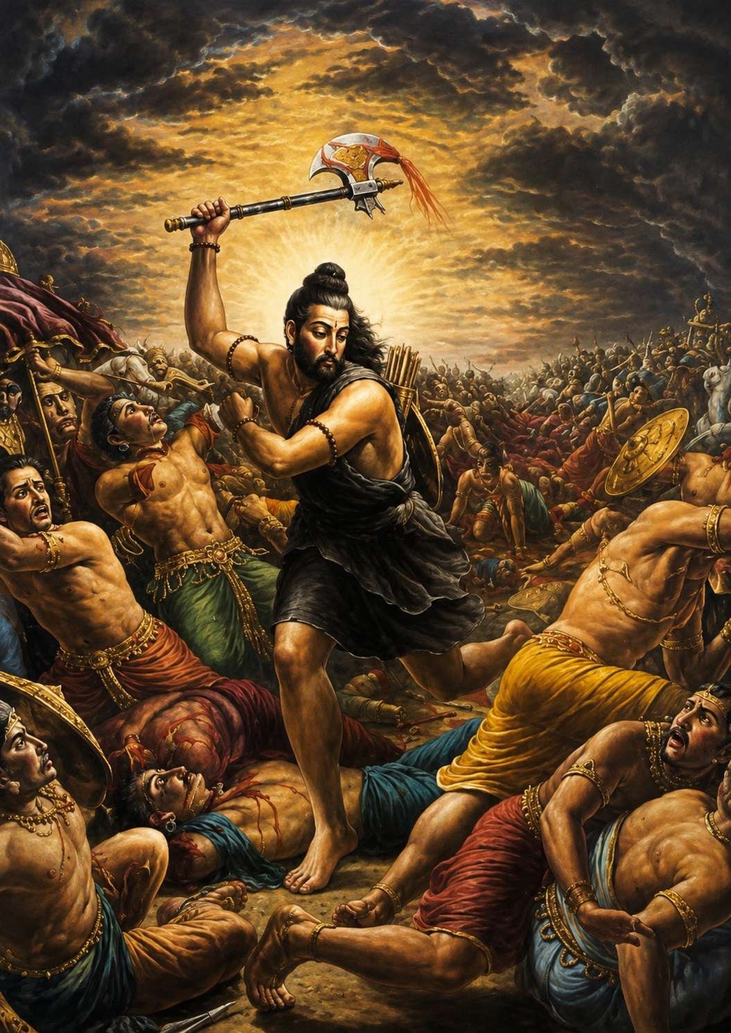 The image depicts a dramatic Hindu battle scene with warriors clashing under a stormy sky, showcasing a powerful deity wielding a weapon.
AI-generated content may be incorrect.