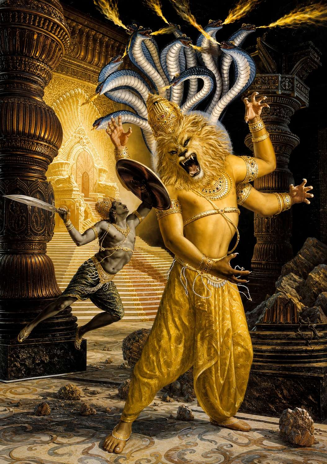 The image depicts a fierce Hindu deity holding a trident, with intricate, ornate decorations and a dramatic, mythological setting.

AI-generated content may be incorrect.