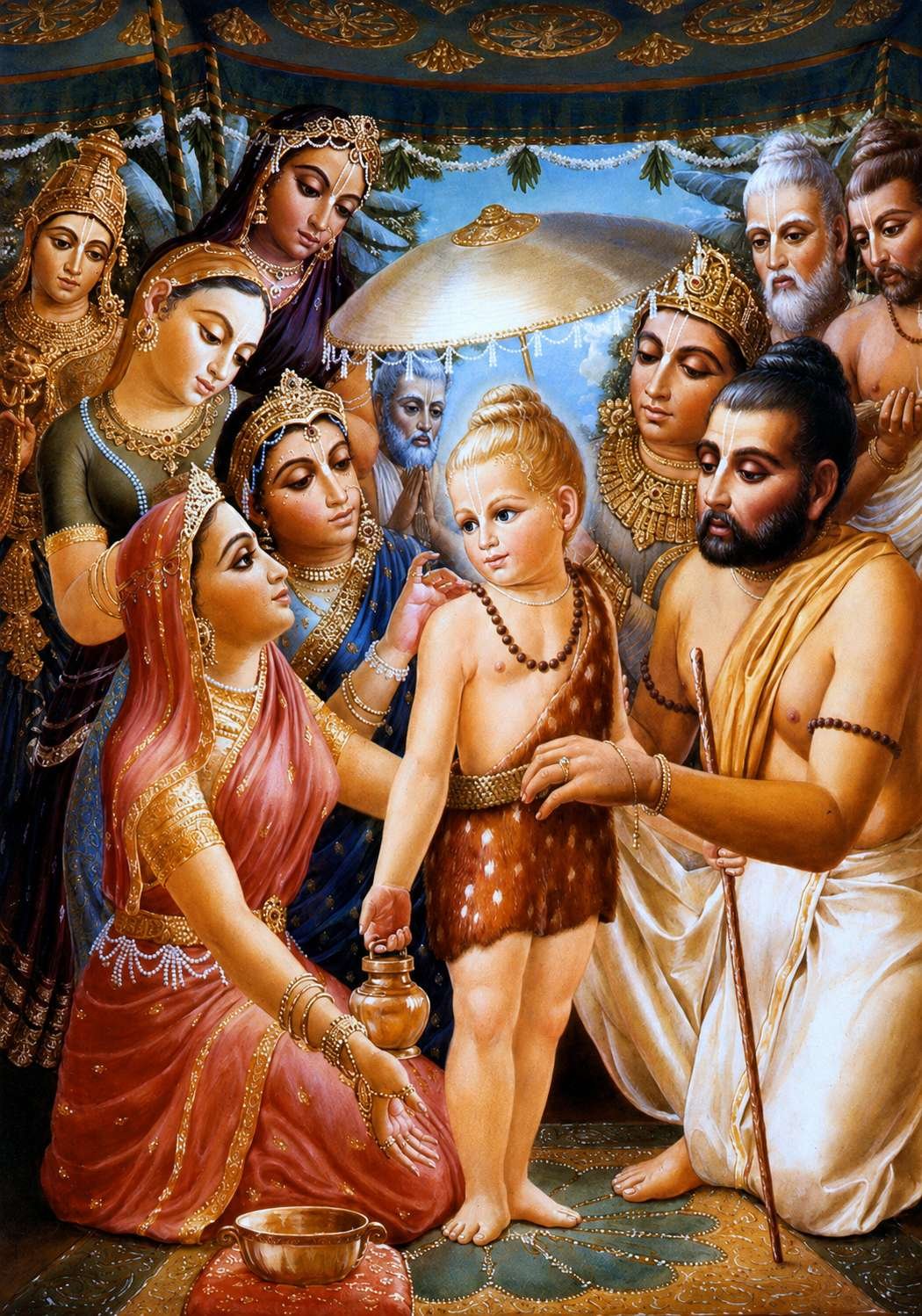 The image depicts a Hindu deity, likely Shiva, performing a ritualistic dance or offering to a group of devout worshippers, adorned in intricate, colorful garments, under a grand, ornate canopy.
AI-generated content may be incorrect.
