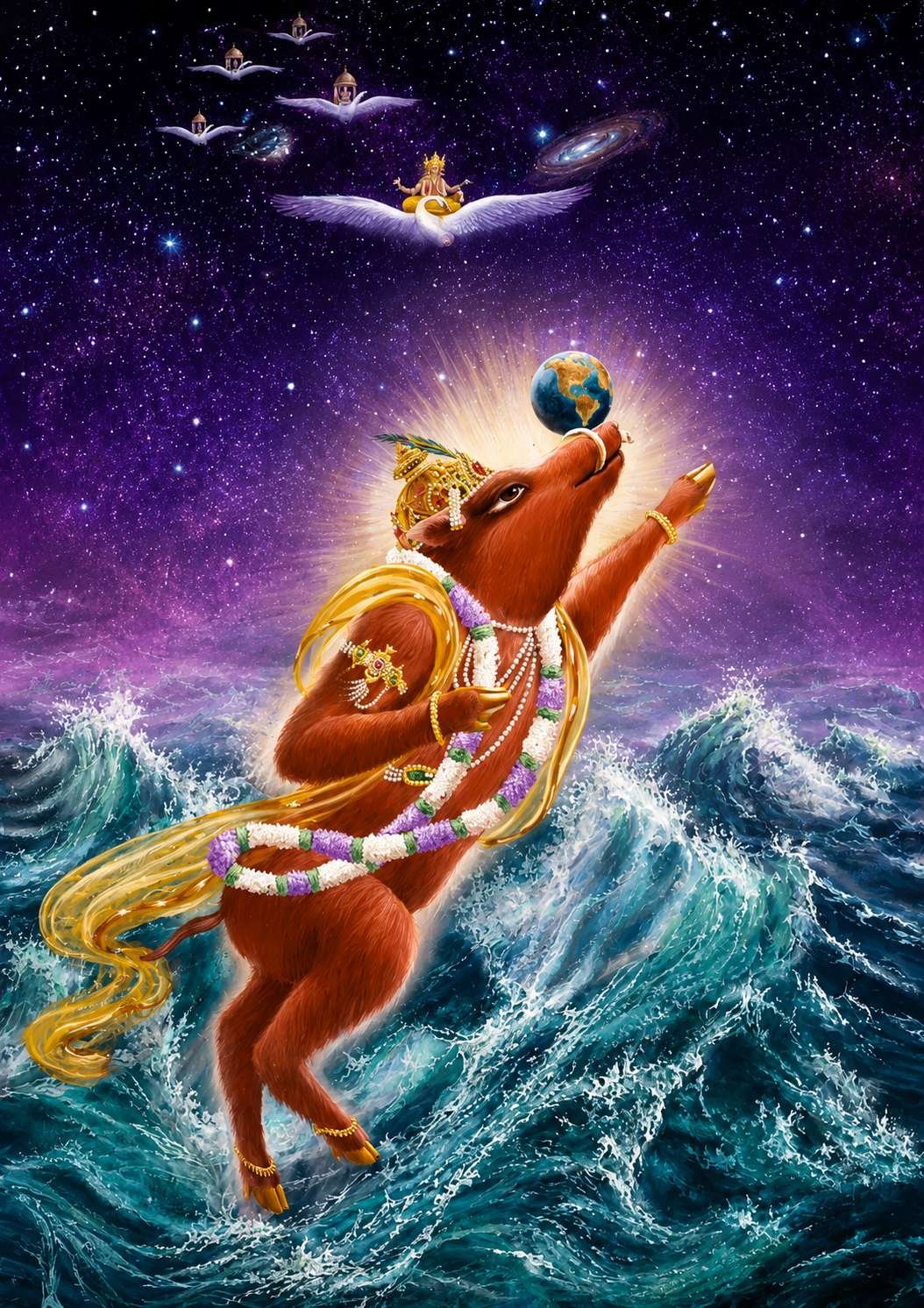 The image depicts a majestic horse adorned with colorful garments, riding across a cosmic sea, with stars and planets swirling around, under a vivid, swirling night sky.
AI-generated content may be incorrect.