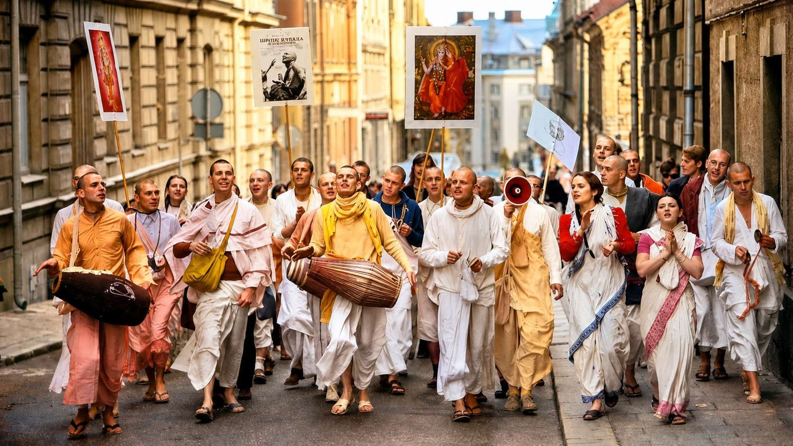 The image depicts a procession of people dressed in traditional attire, including some carrying large drums, marching down a narrow street lined with buildings and signs.
AI-generated content may be incorrect.