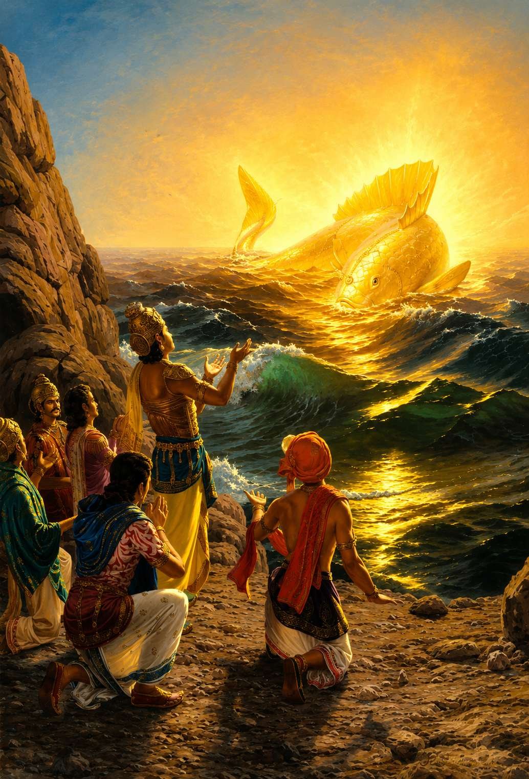 The image depicts a vibrant scene of Hindu deities and figures, including Vishnu, Krishna, and others, gathered around a large, majestic whale or sea creature, with the backdrop of a dramatic, shimmering sunset over a rocky coastline.
AI-generated content may be incorrect.