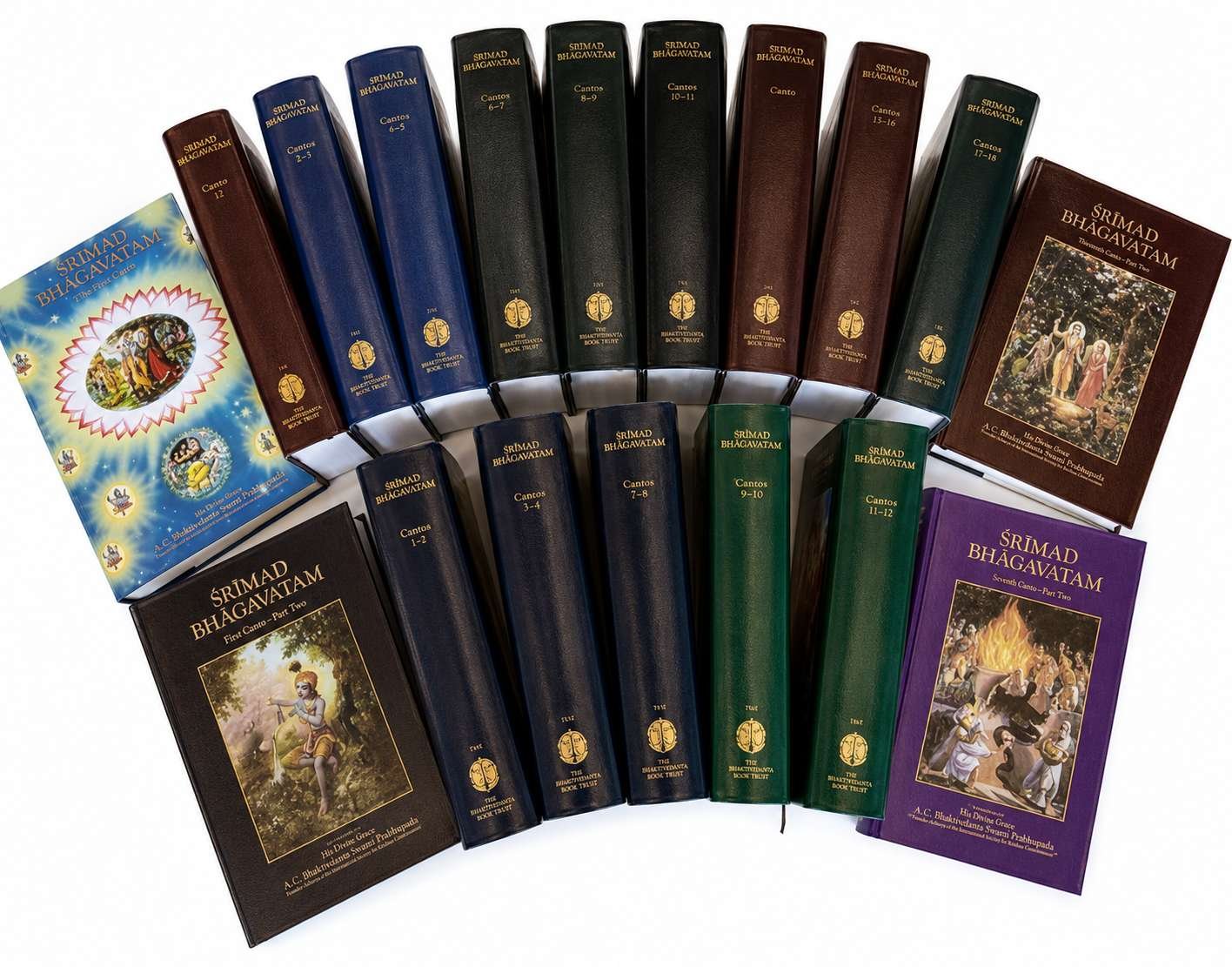 The image displays a neatly arranged collection of various religious texts, specifically from the Bhagavata Purana, with titles and numbers indicating different cantos and chapters.
AI-generated content may be incorrect.
