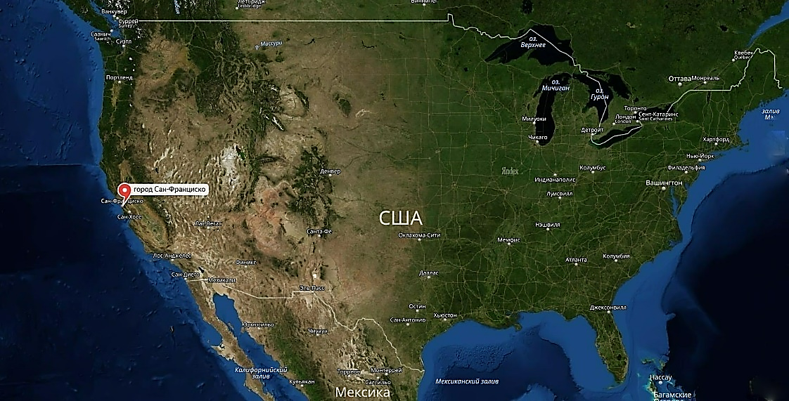 Сан-Франциско на спутниковой карте США, на ней же можно найти Нью-Йорк.