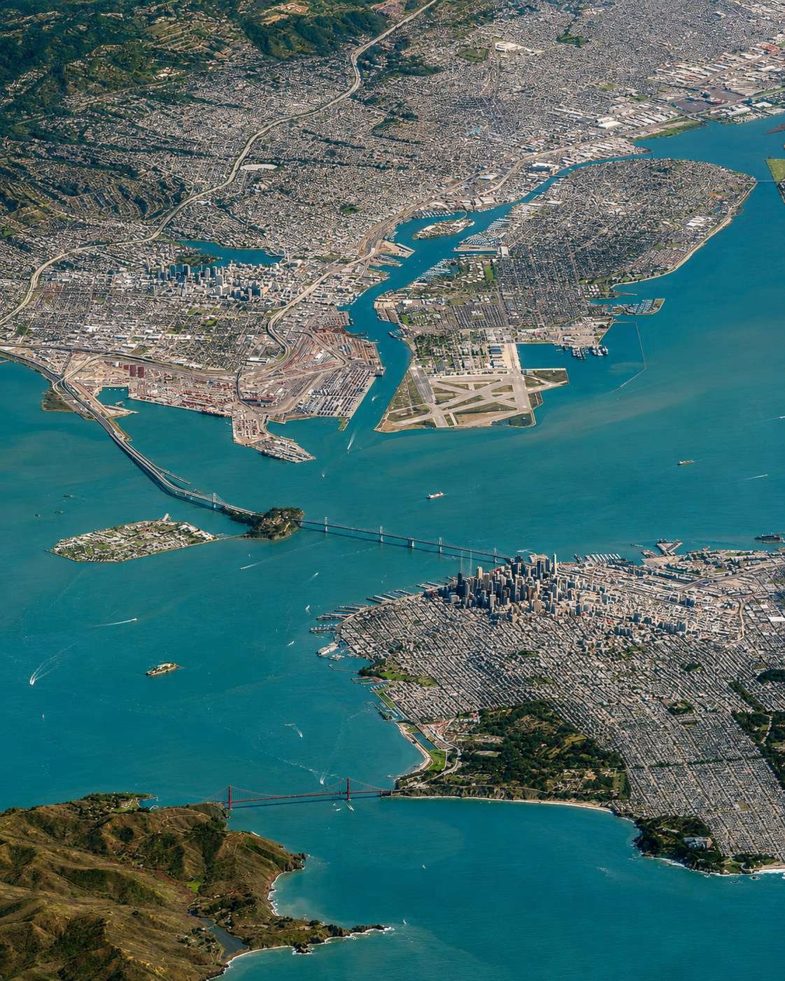 Сан-Франциско, США.
Мост внизу на фото – Золотые Ворота (Golden Gate Bridge),
между верхним и нижним мостом островок слева – тюрьма «Алькатрас».
С моста Золотые Ворота дорога налева ведёт к лесу Мьюир.
Фрагмент зеленого парка справа внизу в углу, не вошёл в кадр – Голден Гейт парк.