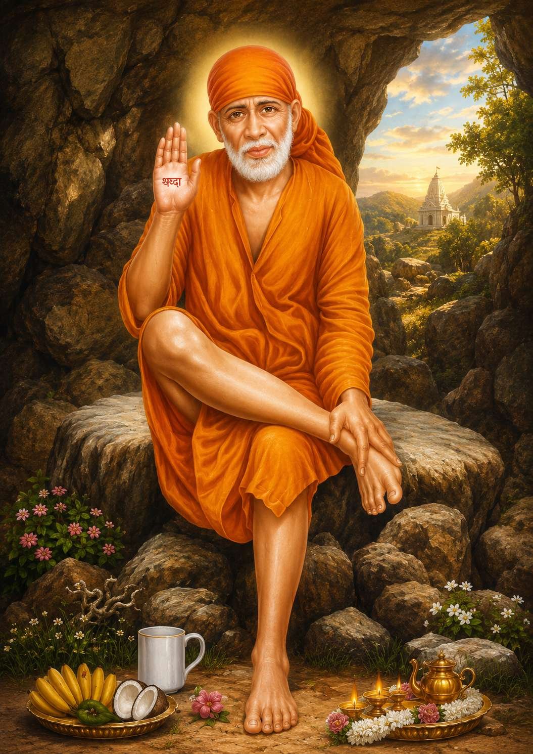 The image depicts a serene figure in orange robes, seated cross-legged, hands joined in prayer, amidst a rocky landscape with flowers, a basket of fruits, and a small table with a cup, all under a peaceful sky.

AI-generated content may be incorrect.